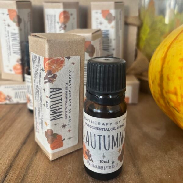 Autumn pure essential oil blend by Aromatherapy by Holly in 10ml amber bottle with kraft box
