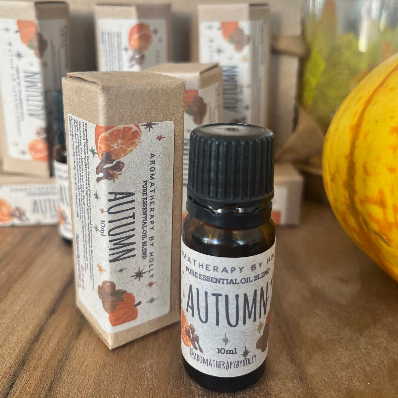 Autumn pure essential oil blend by Aromatherapy by Holly in 10ml amber bottle with kraft box