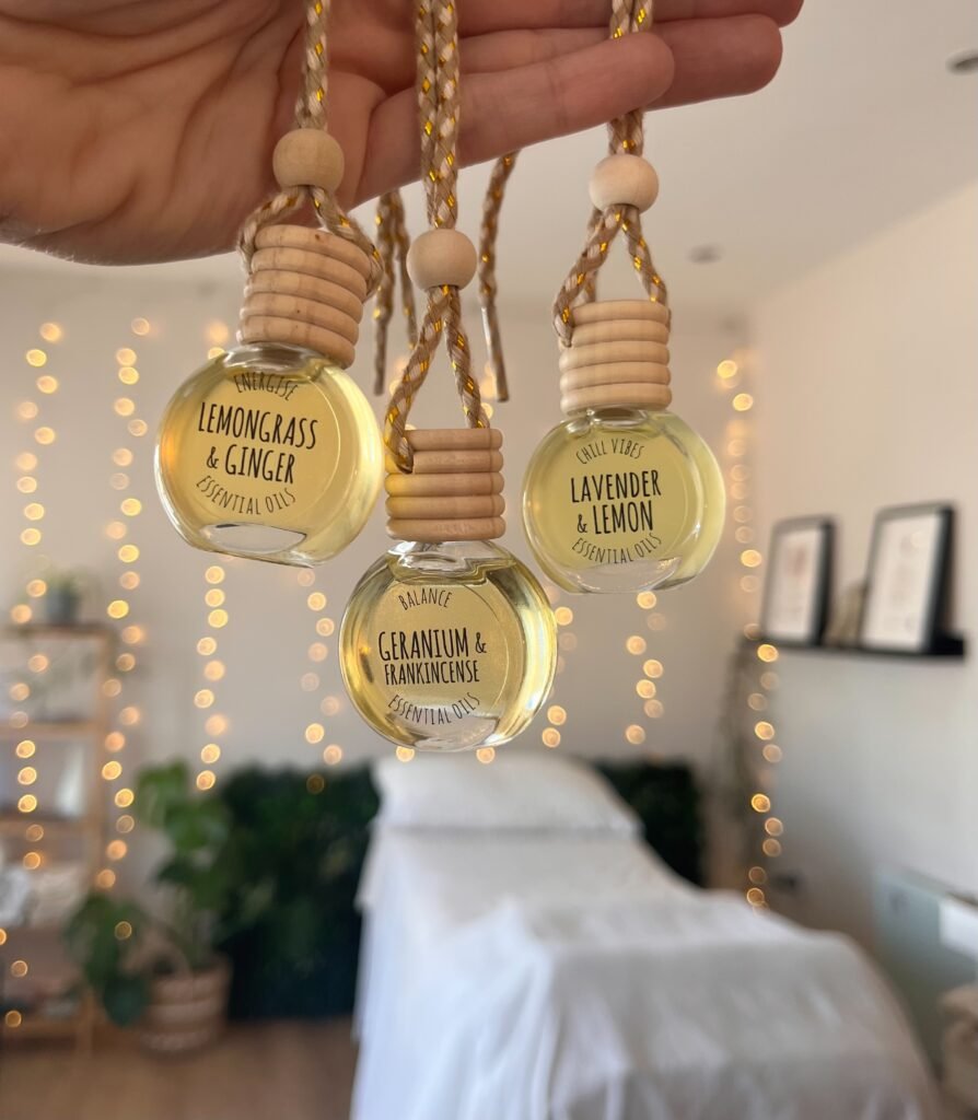 Three Aromatherapy by Holly essential oil car diffusers in Lavender & Lemon, Geranium & Frankincense and Lemongrass & Ginger blends