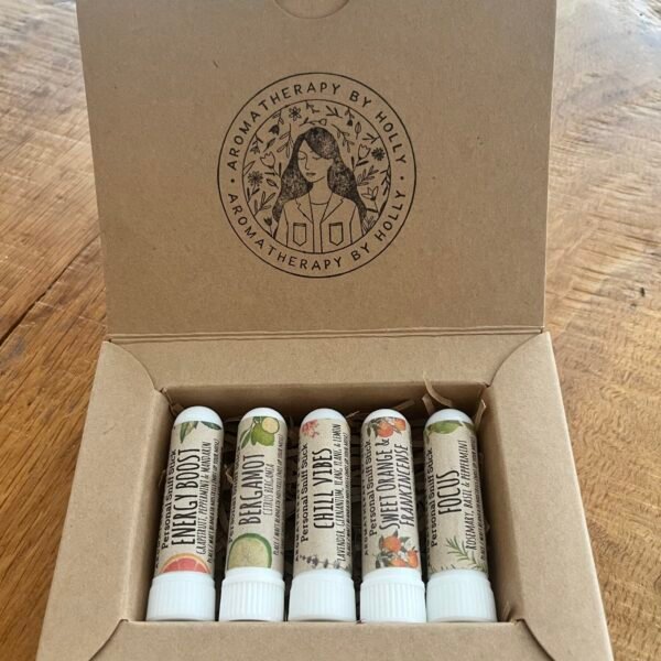 Aromatherapy sniff stick gift set with five essential oil inhalers in a kraft gift box